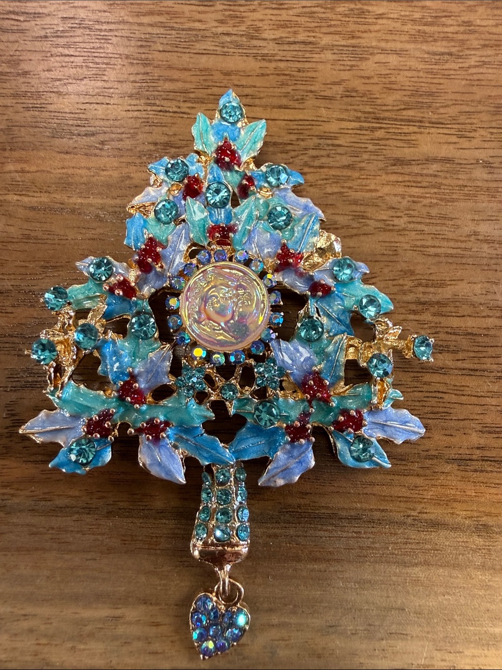 Blue and Teal Crystal Tree Brooch with Heart Drop